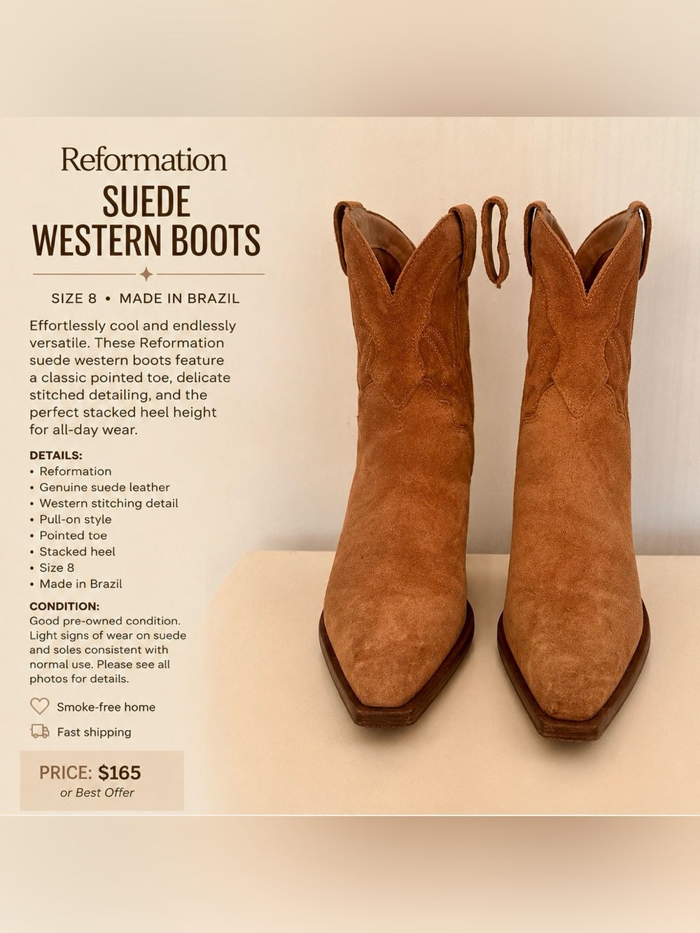 Reformation Suede Western Ankle Boots Tan Size 8 - Picture 2 of 8